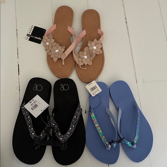 NWT 3 Pairs Women's Sandals - Black, Tan, Blue - Picture 1 of 7
